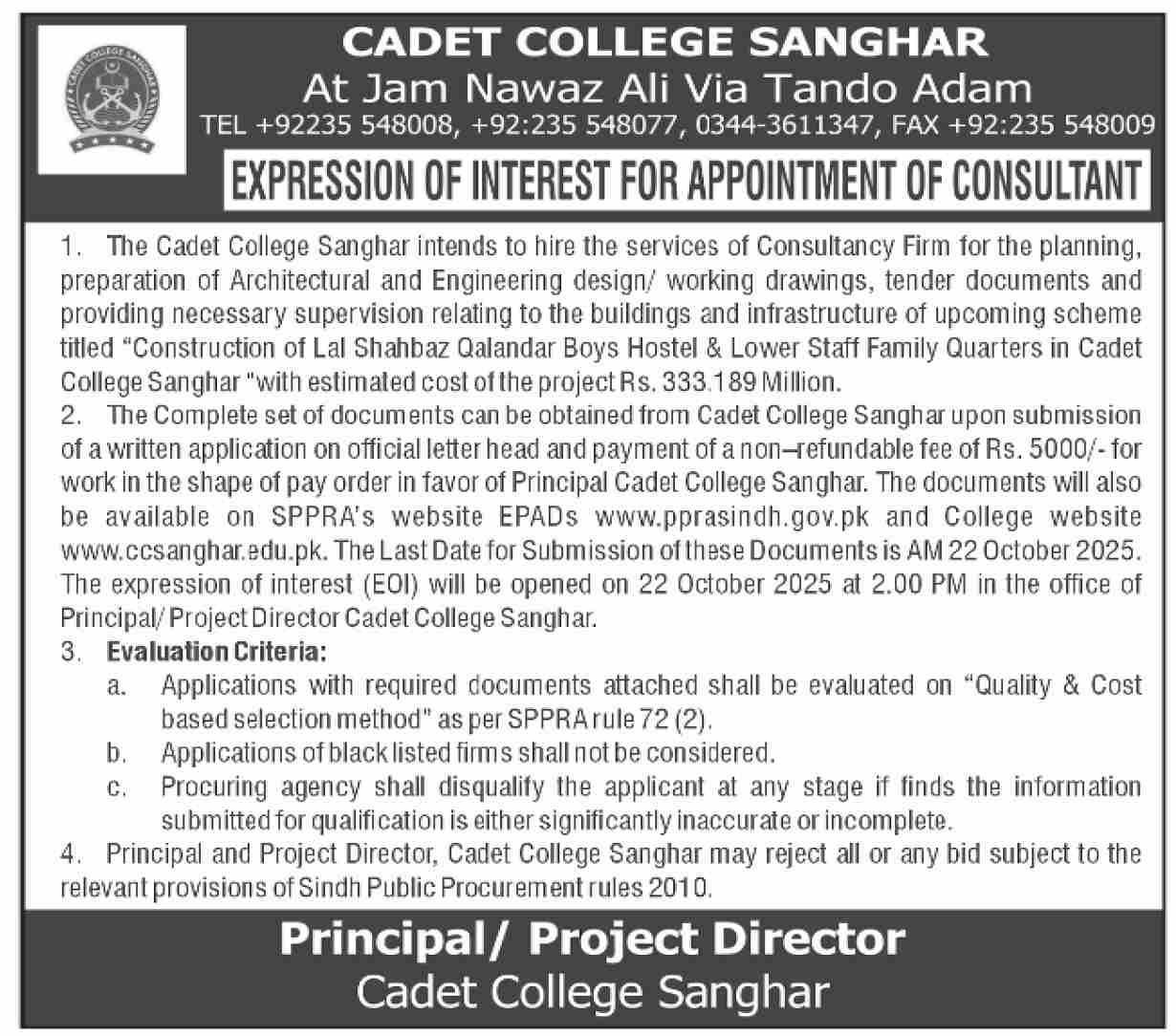 Cadet College Sanghar Tender Notice